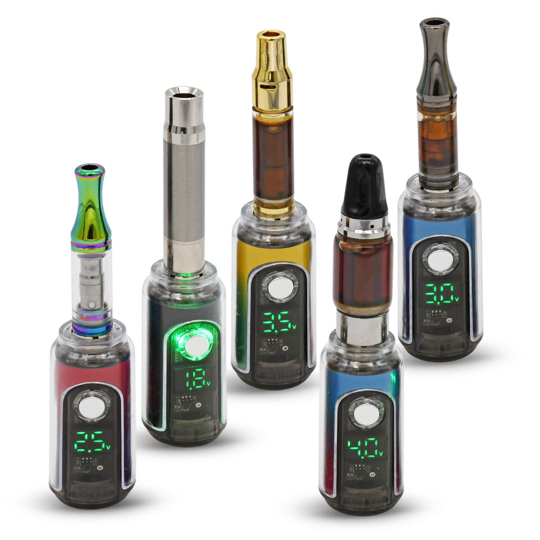 Set of HRB Canndy 510 Batteries with cartridges, from 0.5G to 2G and dab atomizer, with digital displays on a white background