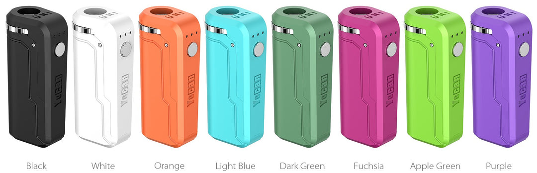 Yocan Uni in all new colors s of January 2025.  From Left to Right:  Black, White, Orange, Light Blue, Dark Green, Fuscia, Apple Green, and Purple