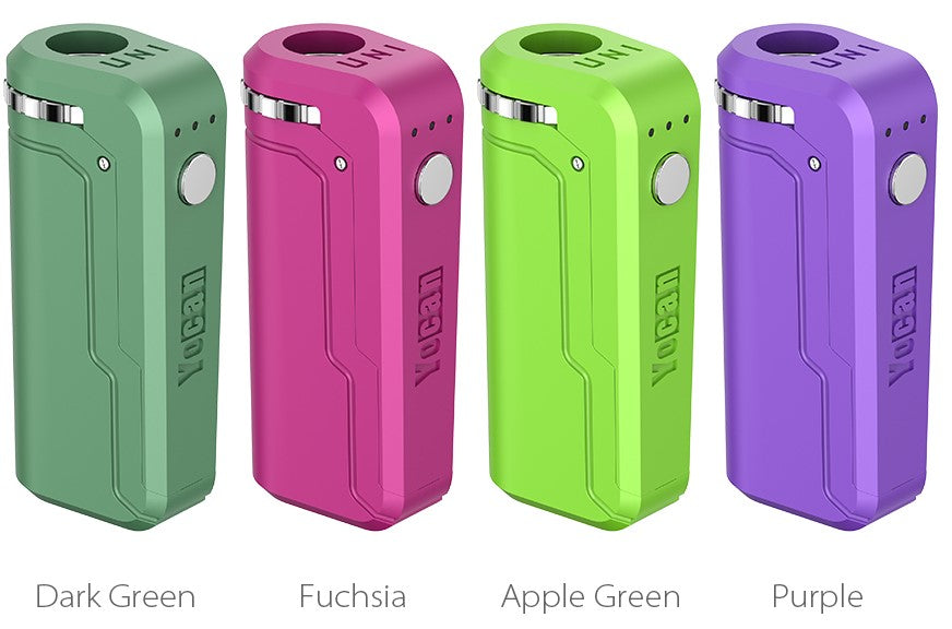 Yocan Uni in new colors as of 2025.  From Left to Right: Dark Green, Fuscia, Apple Green, and Purple.