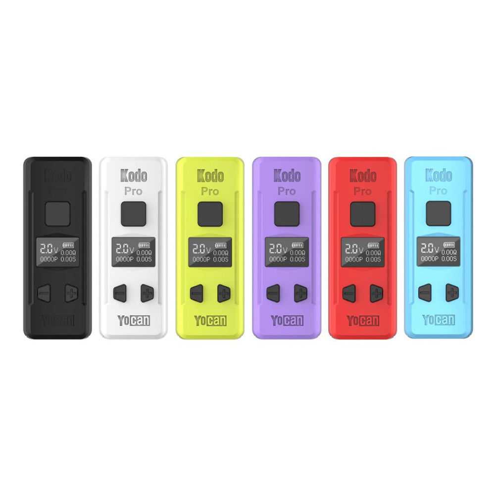 The Yocan Kodo Pro in all colors from left to right: Black, White, Yellow, Purple, Red, and Light Blue