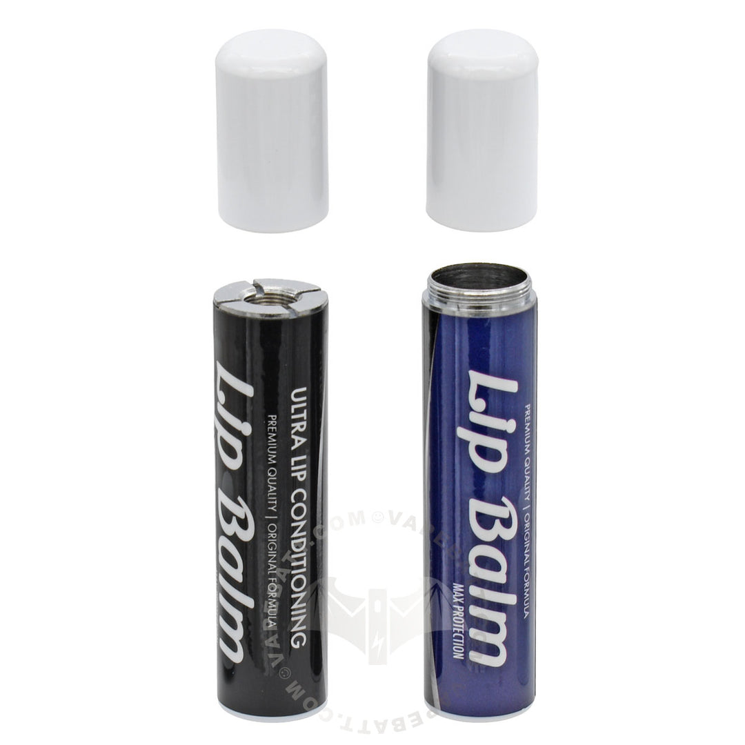Two Penjamin lip balm units shown on a white background, one black - 510 cart battery, with white text and one blue - storage tube, with white text, with two white caps above them.