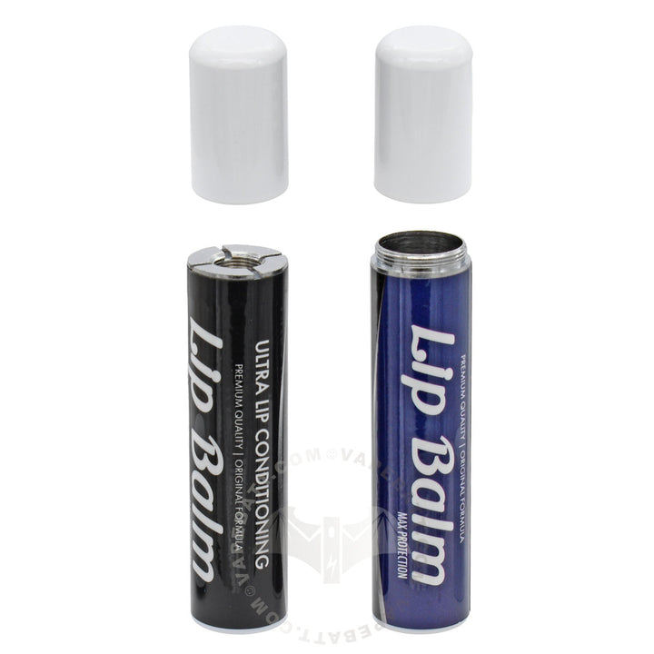 Two Penjamin lip balm units shown on a white background, one black - 510 cart battery, with white text and one blue - storage tube, with white text, with two white caps above them.