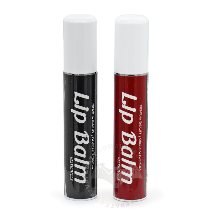 Penjamin Lip Balm kit standing upright on a white background, one with a black label (cart battery) and one with a dark red label (storage tube), both with white caps and white text reading Lip Balm.