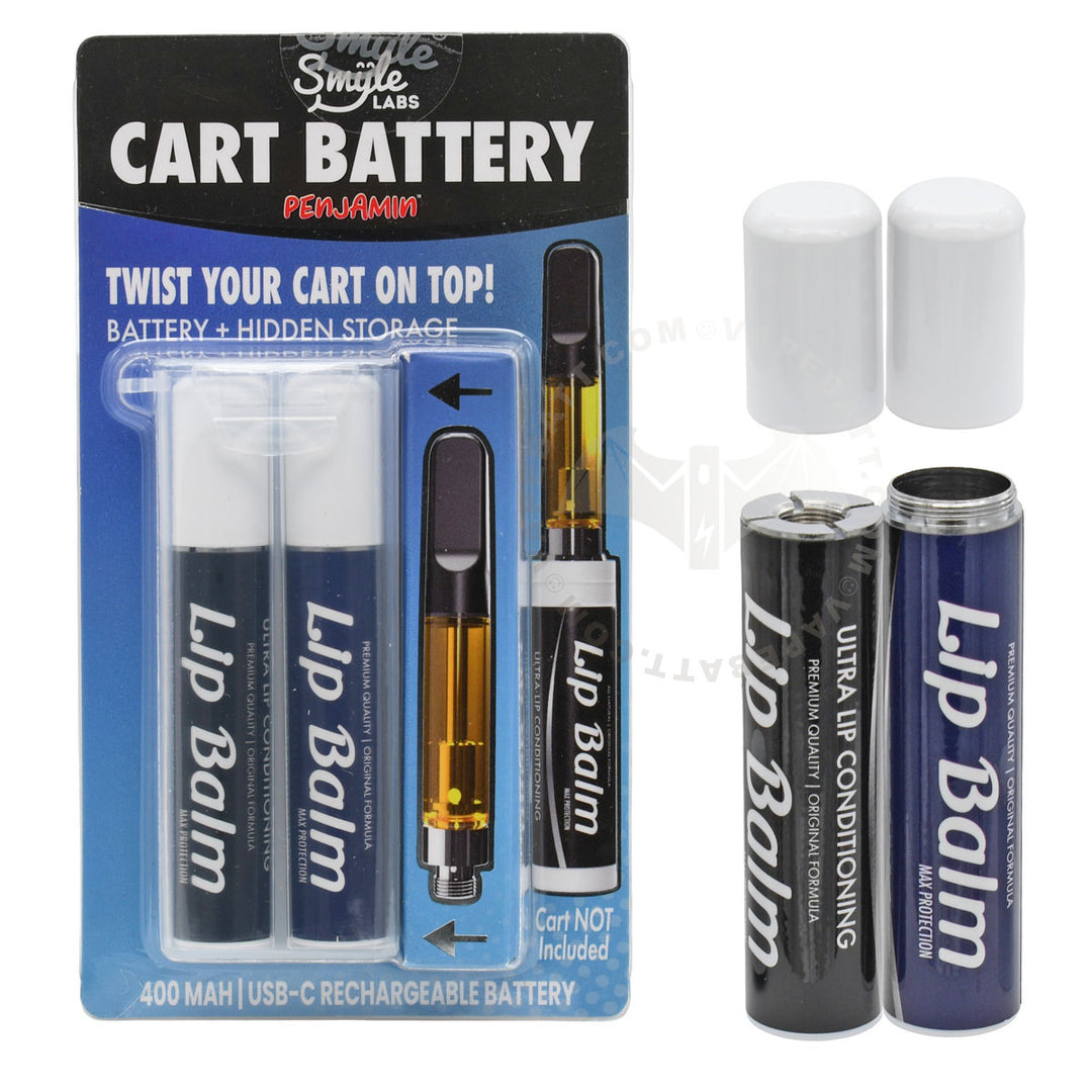 Lip Balm Cart Battery set by Smile Labs, featuring two USB-C rechargeable batteries, a hidden vape cart, and two white caps on a white background.