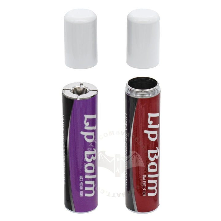 Two lip balm Penjamin units shown open with white caps placed above them on a plain white background. First is purple 510 cart battery and the other is red storage tube, both with black side panels and large white 'Lip Balm' text.