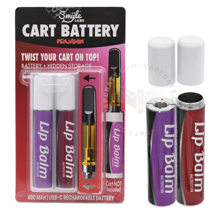 Smile Labs Cart Battery Penamin in a blister pack alongside two loose white caps and open purple 510 battery with red storage tube showing on a white background.