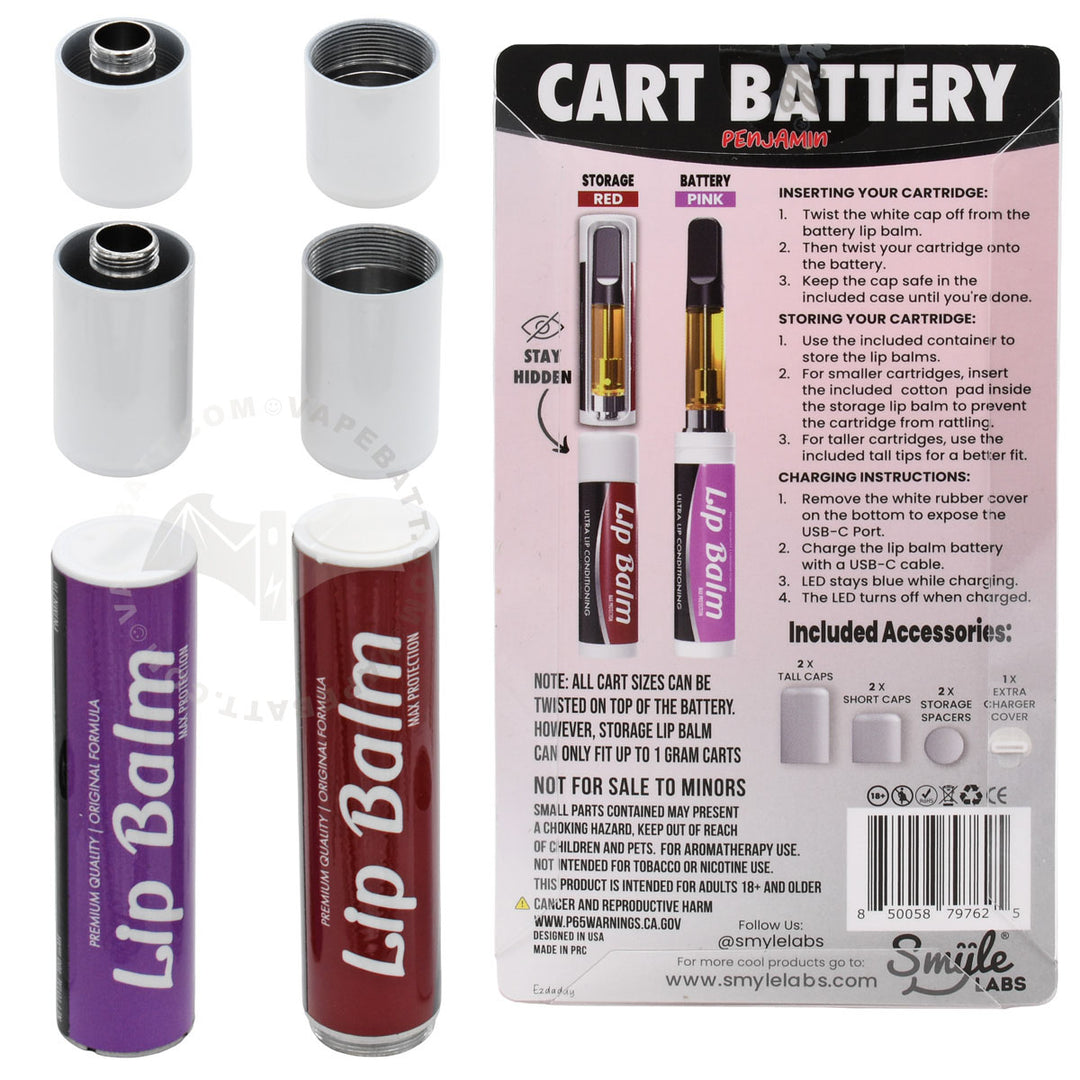 Cart battery lip balm by Smyle Labs, showing the purple (battery) and pink (storage tube) lip balm units, the white cap, and the back of its retail packaging with instructions and attached accessories.
