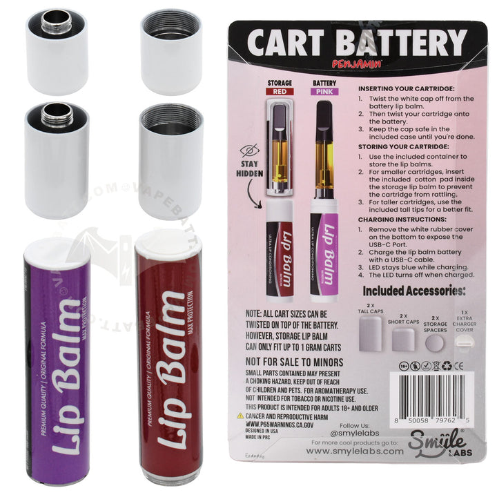Cart battery lip balm by Smyle Labs, showing the purple (battery) and pink (storage tube) lip balm units, the white cap, and the back of its retail packaging with instructions and attached accessories.