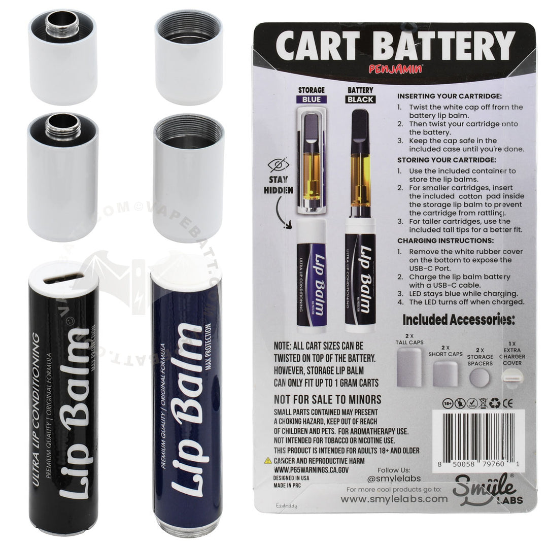 A lip balm cart pen and storage tube and its packaging shown on a white background. The black 510 cart battery  is labeled 'Lip Balm', shown alongside the blue storage tube, with 2 pairs 2 sizes white caps and the back of the retail card packaging titled 'Cart Battery' with instructions.