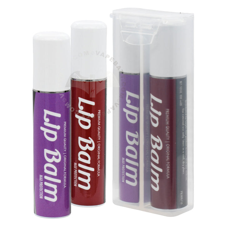 Two lip balm tubes and their clear plastic case on a white background. One tube is purple (cart battery) with white text, and the other is dark red (storage tube) with white text.