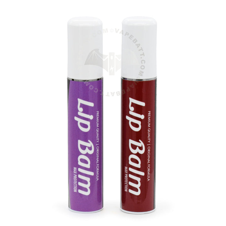 Two lip balm tubes standing upright on a white background, one with a purple label (510 cart battery unit) and the other with a dark red label (cartridge storage unit). Both have white caps and white text reading 'Lip Balm' with smaller text below.