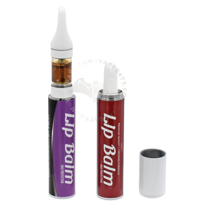 Two Penjamin lip balm units one with a purple label is a 510 battery with cartridge mounted at the top and one with a red label is a storage tube shown open with tip of cartridge inside 