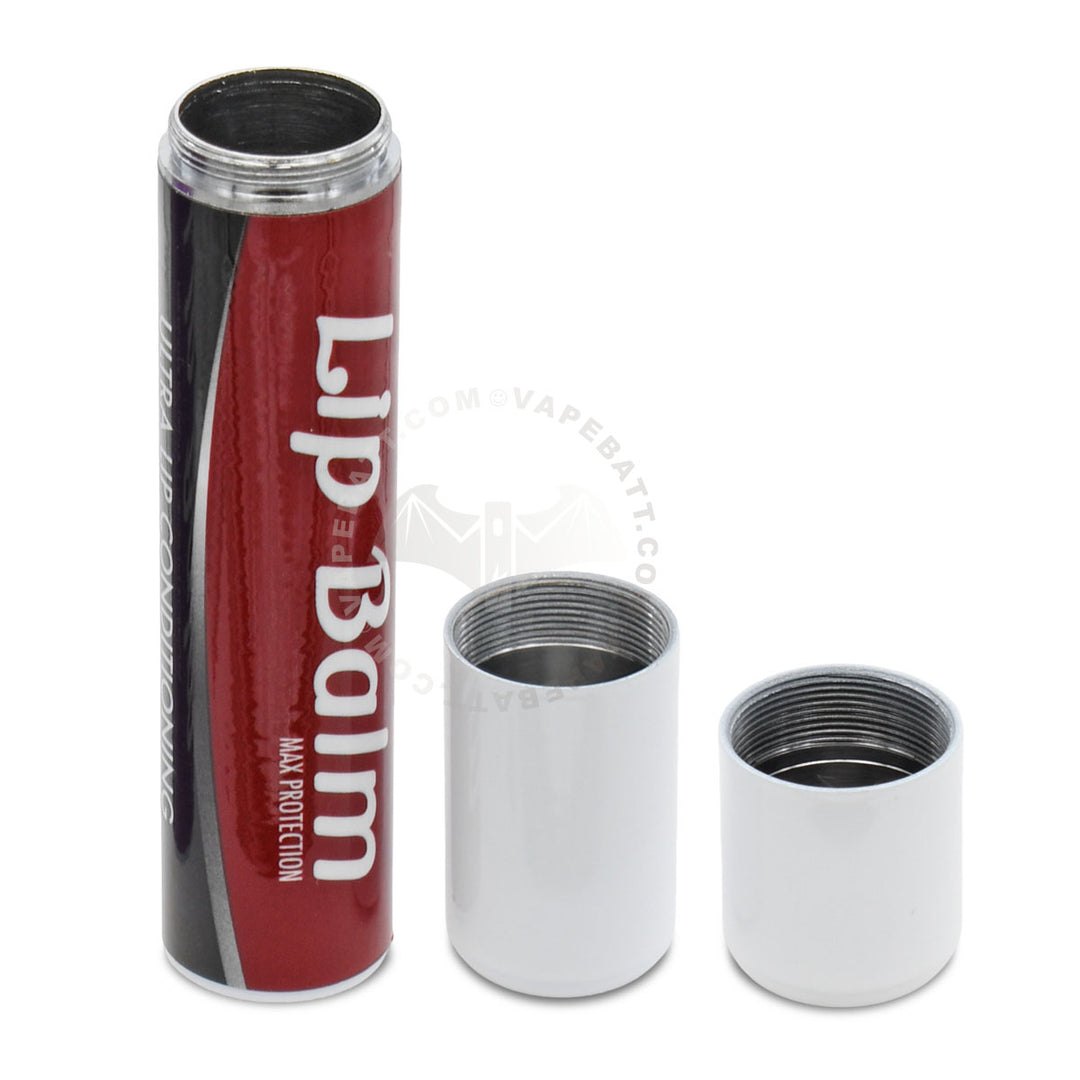 A metallic cylindrical Penjamin storage tube labeled 'Lip Balm' in red, black, and white, shown disassembled with its threaded caps removed and placed beside it on a white background.