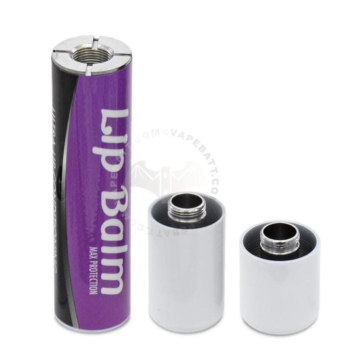A purple and black Lip Balm cart vape battery shown next to two metal caps components on a white background.