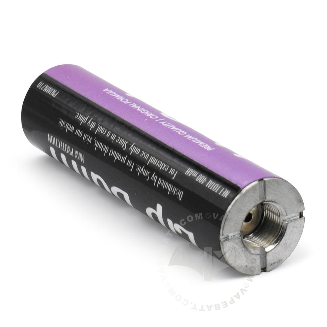 A cylindrical Penjamin Lip Balm cart battery with a black and purple label, featuring a silver metal 510 thread connector on one end, shown on a white background.