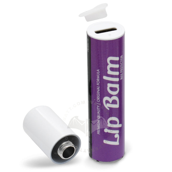 A purple and white lip balm cart battery standing upright, with its white cap removed and placed beside it on a white background. The Penjamin has the words 'Lip Balm' printed vertically in white.