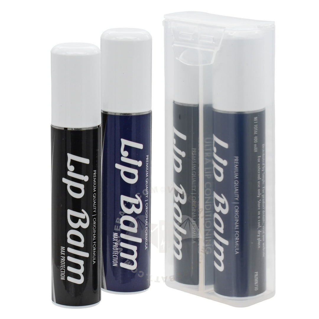Penjamin lip balm tubes with white caps shown next to (and inside) a clear plastic storage case on a white background. One tubes is black (510 battery) with white text, and one is dark blue (storage unit) with white text.
