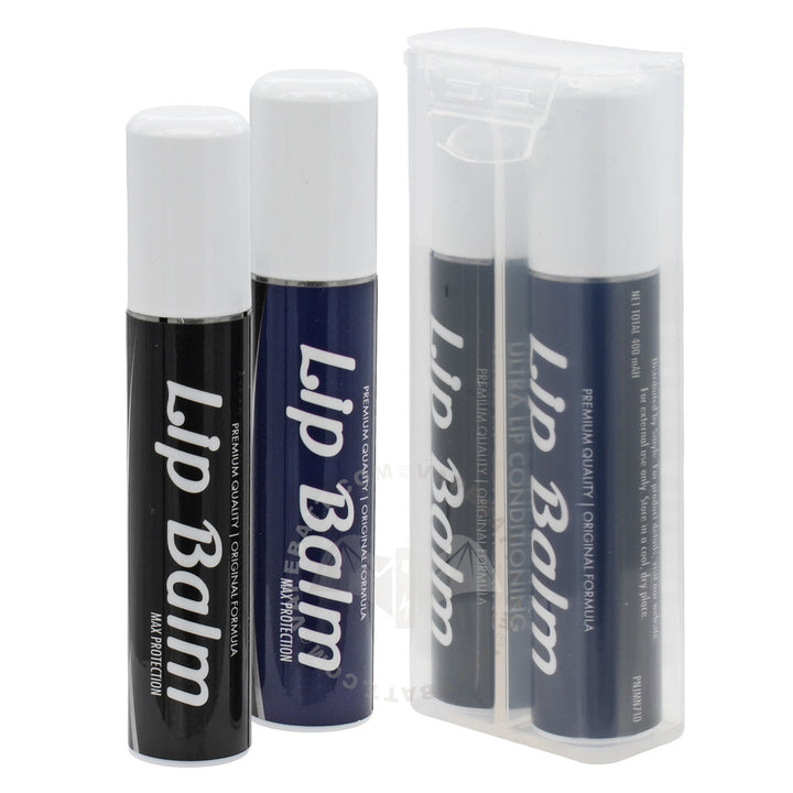 Penjamin lip balm tubes with white caps shown next to (and inside) a clear plastic storage case on a white background. One tubes is black (510 battery) with white text, and one is dark blue (storage unit) with white text.