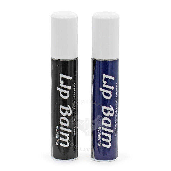 Two Penjamin Lip Balm tubes standing upright on a white background, one with a black label (510 battery) and one with a dark blue label (storage), both with white caps.