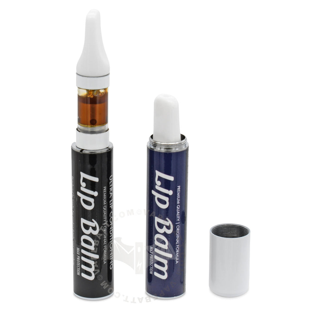 Set of Penjamin lip balm tubes on a white background, one black is  a cart pen battery with cartridge mounted and one navy blue storage tube, is open with its cap removed and placed beside it.