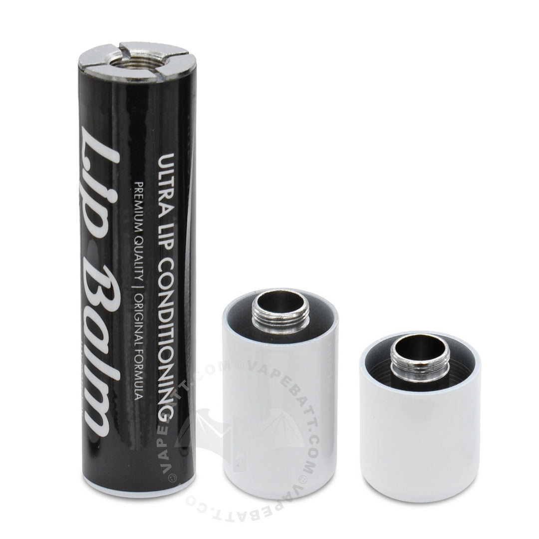 A black and silver Lip Balm 510 thread  battery shown next to two caps in different sizes, on a white background.
