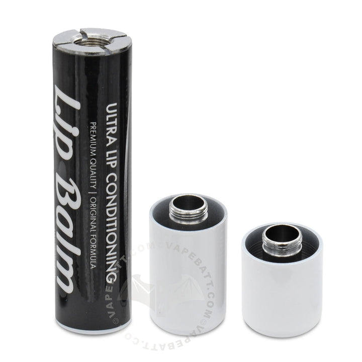 A black and silver Lip Balm 510 thread  battery shown next to two caps in different sizes, on a white background.