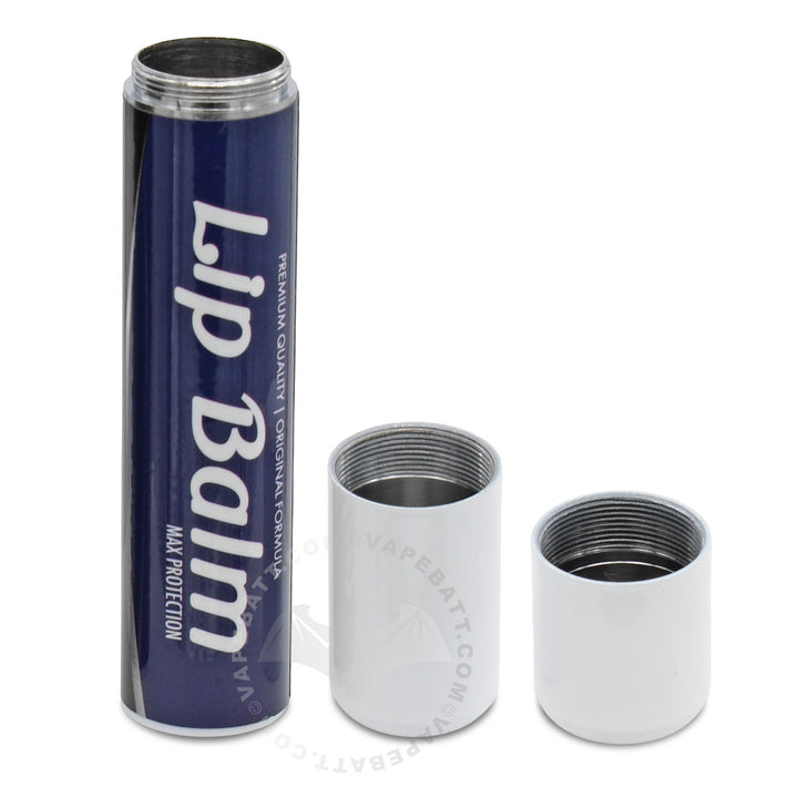 A lip balm storage container shown open, with the main cylindrical body labeled 'Lip Balm' in white text on a dark blue background, alongside two separated silver metal pieces displaying threaded interiors, on a white background.