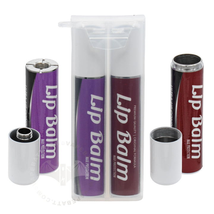 Two Penjamin lip balm tubes in a clear plastic case, shown with their silver caps removed and placed beside them on a white background. Penjamin cart battery is purple and the storage tube is dark red, both labeled 'Lip Balm' with 'Max Protection' underneath.