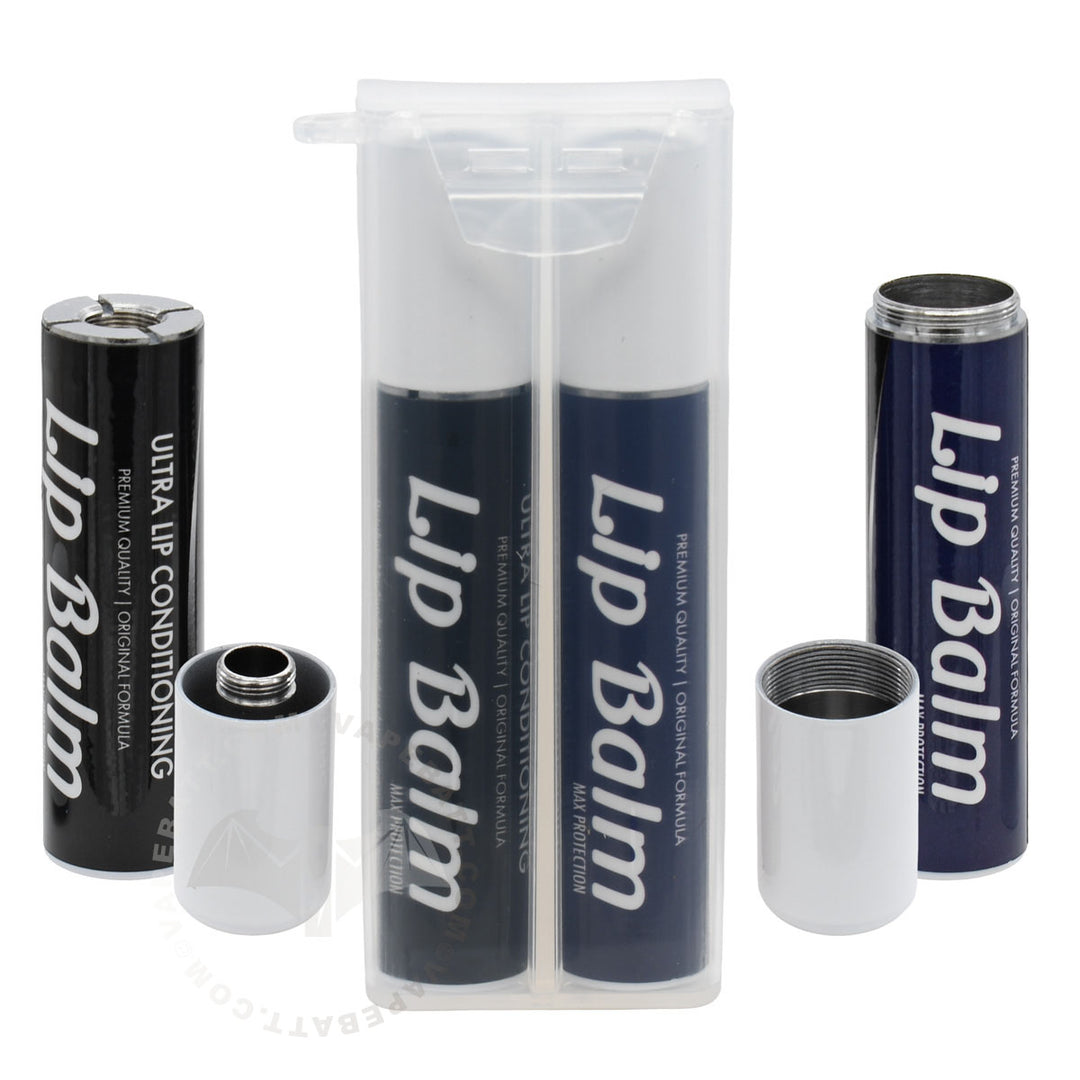 Two Penjamin lip balm tubes in a clear plastic case, shown with their silver caps removed and placed beside them on a white background. Penjamin cart battery is black and the storage tube is dark blue, both labeled 'Lip Balm' with 'Max Protection' underneath.
