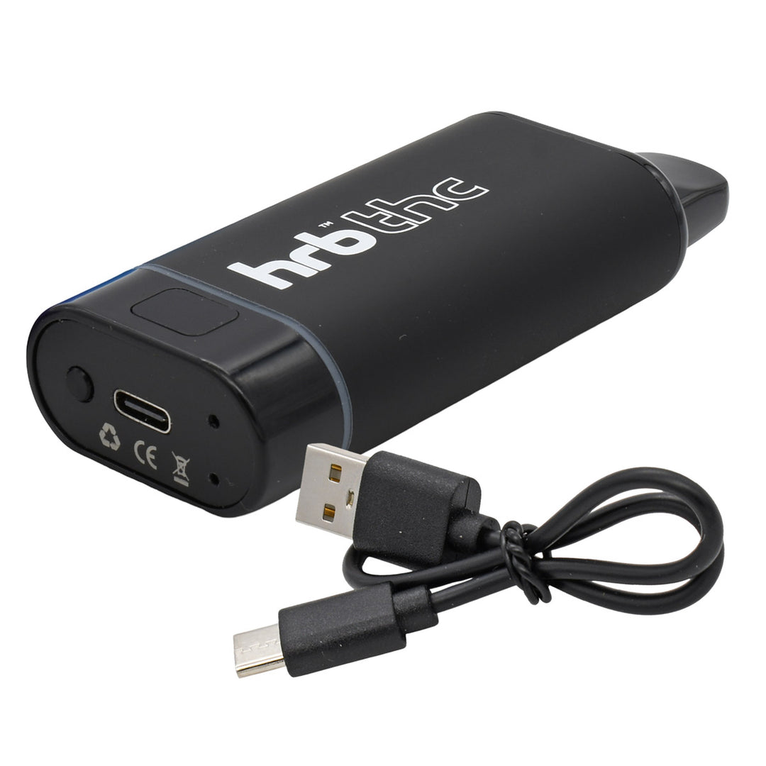 Black HRB Box Cartridge battery with 'Hrb Thc' branding and USB cable on a white background