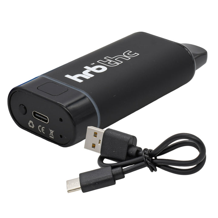 Black HRB Box Cartridge battery with 'Hrb Thc' branding and USB cable on a white background