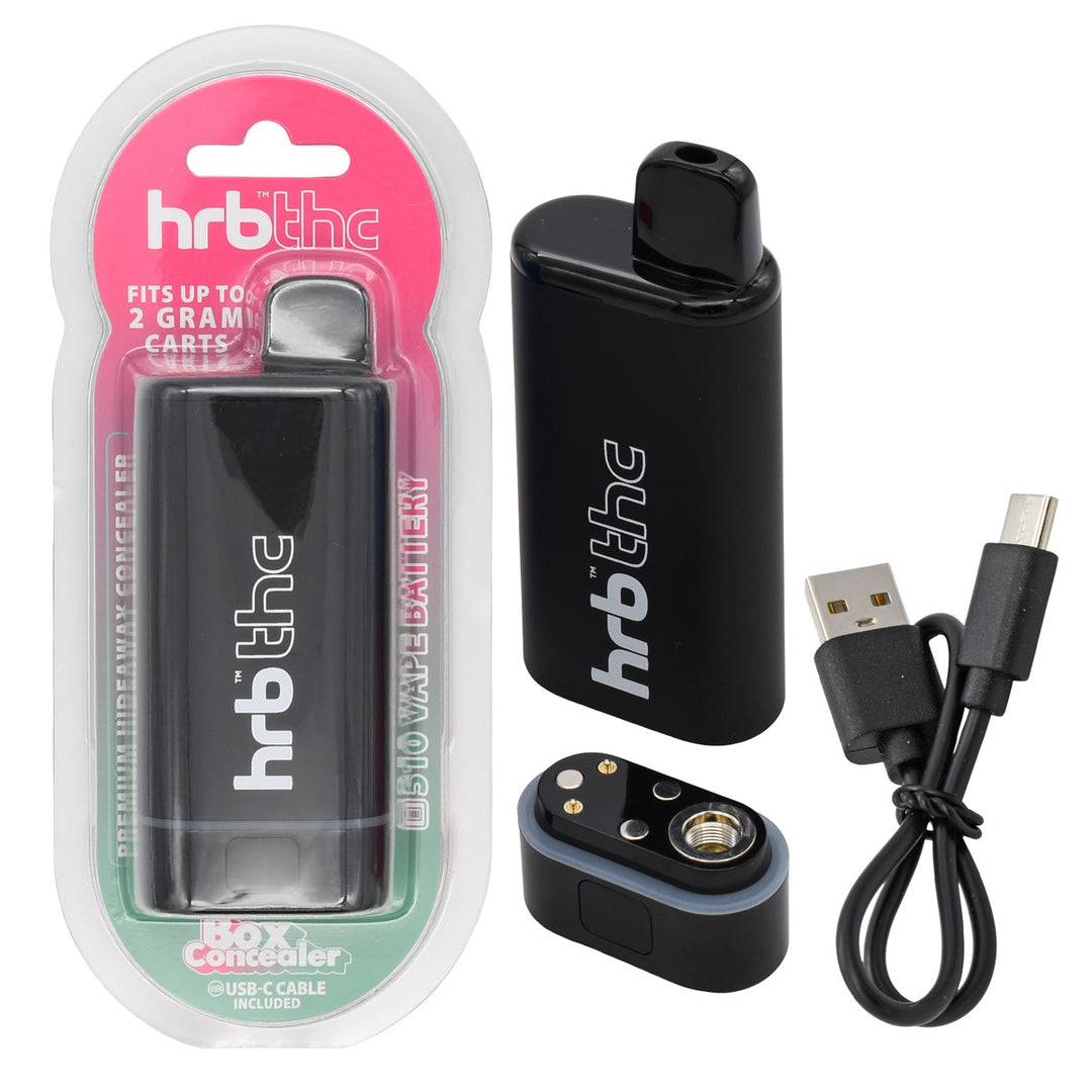 Hrb THC 510 vape battery with packaging, controller, and USB cable on a white background