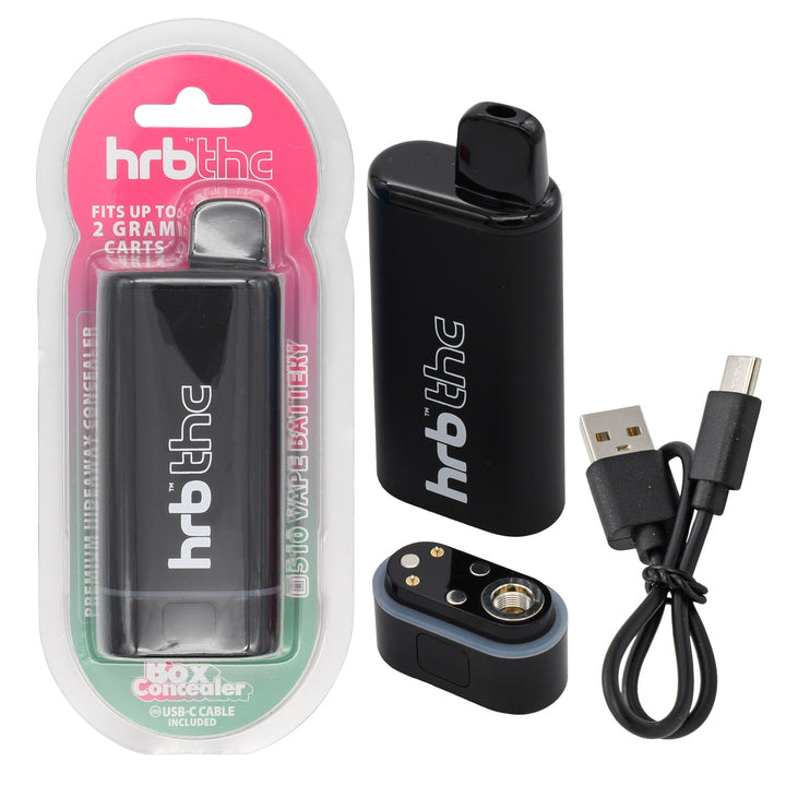 Hrb THC 510 vape battery with packaging, controller, and USB cable on a white background