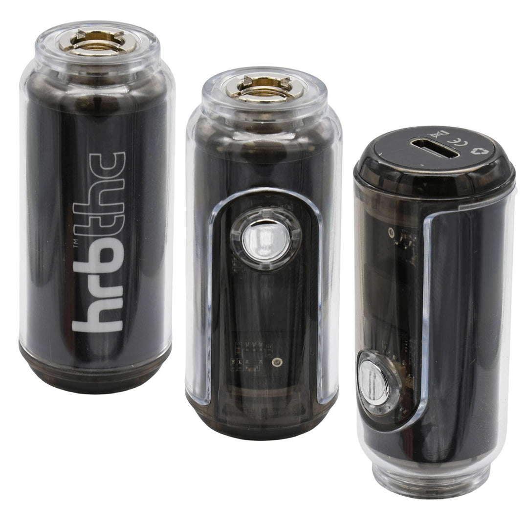 Three black HRB Canndy vape battery devices with visible branding on a white background