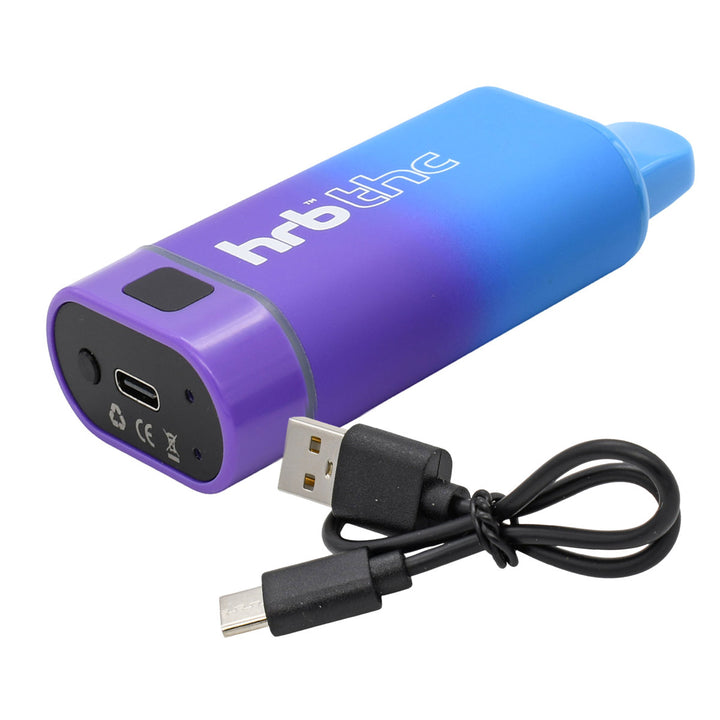 Blue and purple Hrb Box cartridge battery with USB cable on a white background