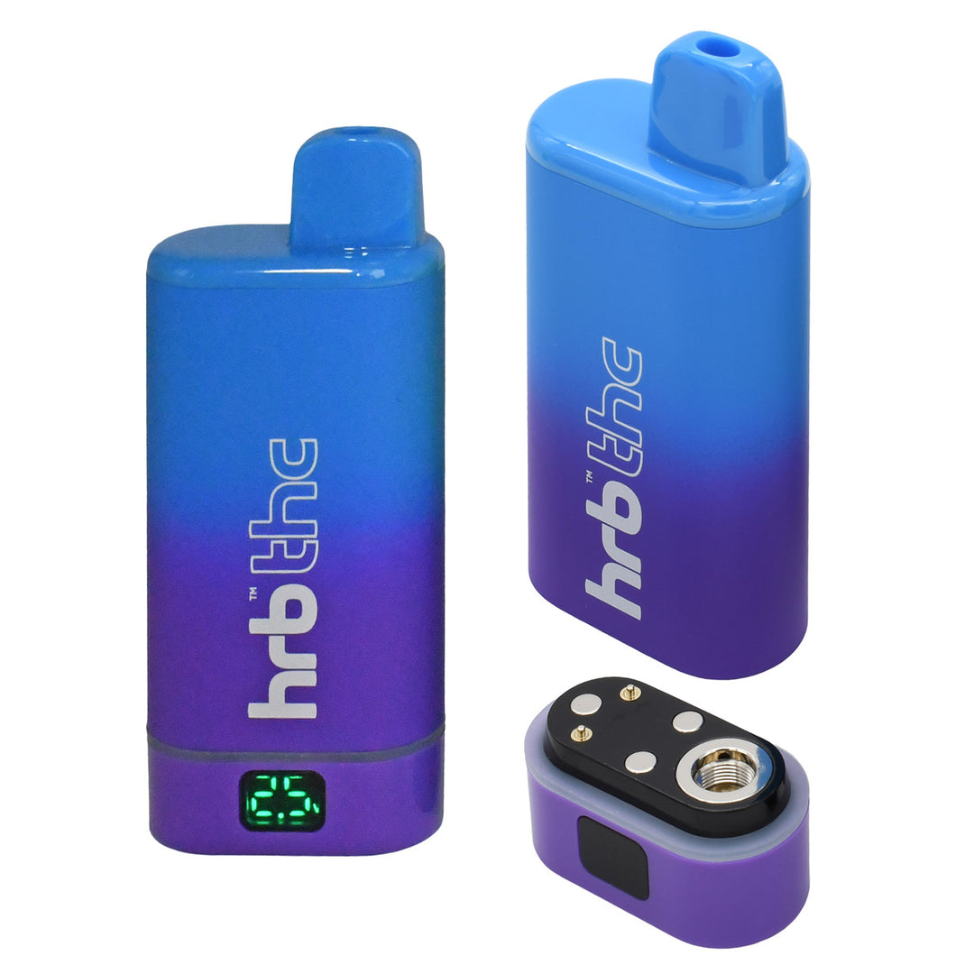Blue and purple Hrb Box cartridge battery with digital display on a white background
