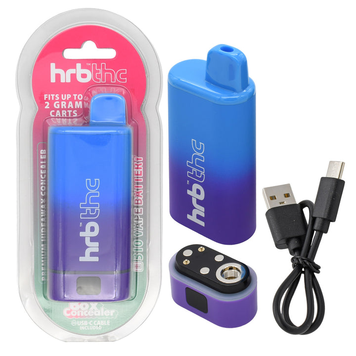 Blue and purple hrb thc device with packaging, USB cable, and adapter on a white background