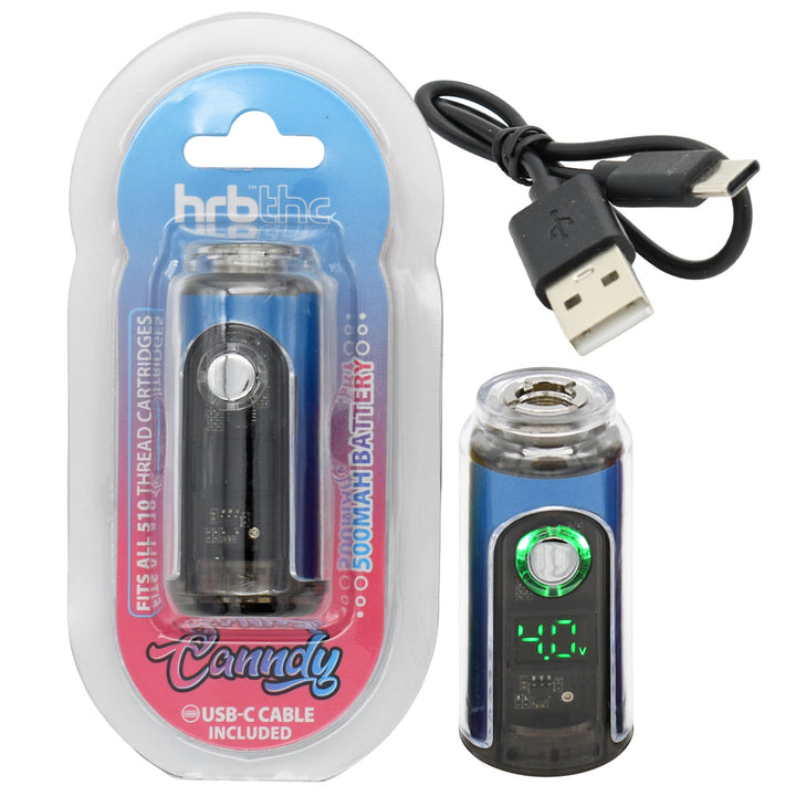 Blue-Purple skin HRB Canndy 510 Battery with USB cable and packaging on a white background