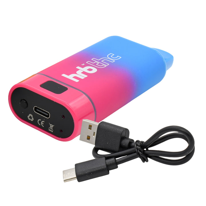 Gradient pink to blue Hrb Box cartridge battery with a USB cable on a white background