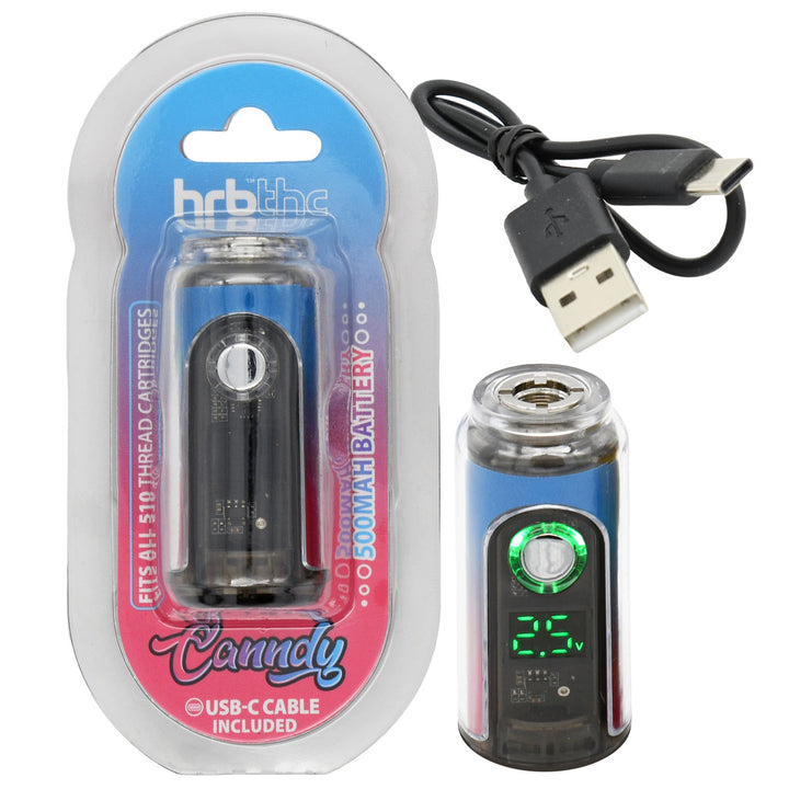 Blue-red skin HRB Canndy 510 Battery with packaging and USB cable on a white background