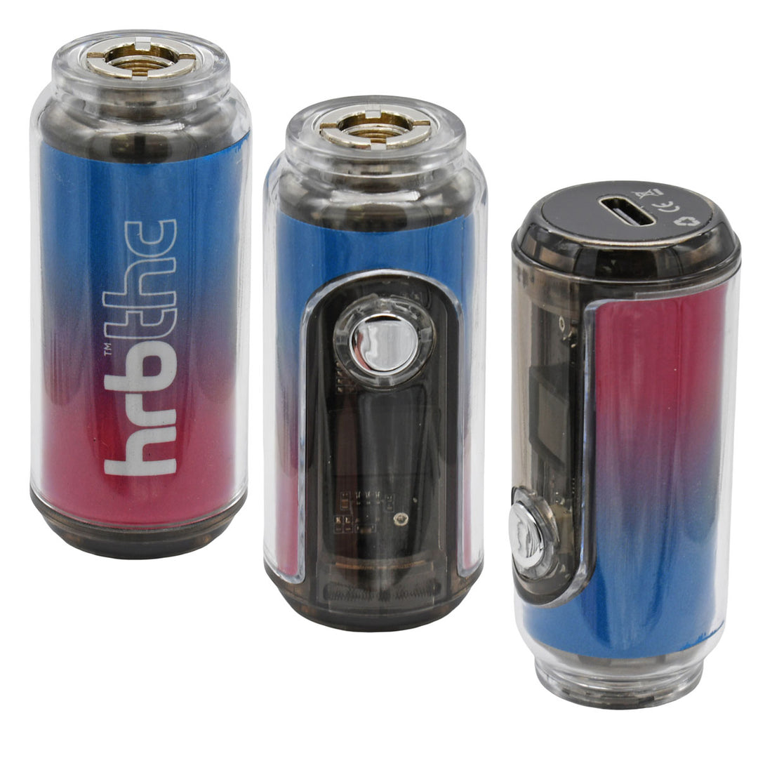 Three gradient-colored HRB Canndy vape Battery devices with visible branding on a white background