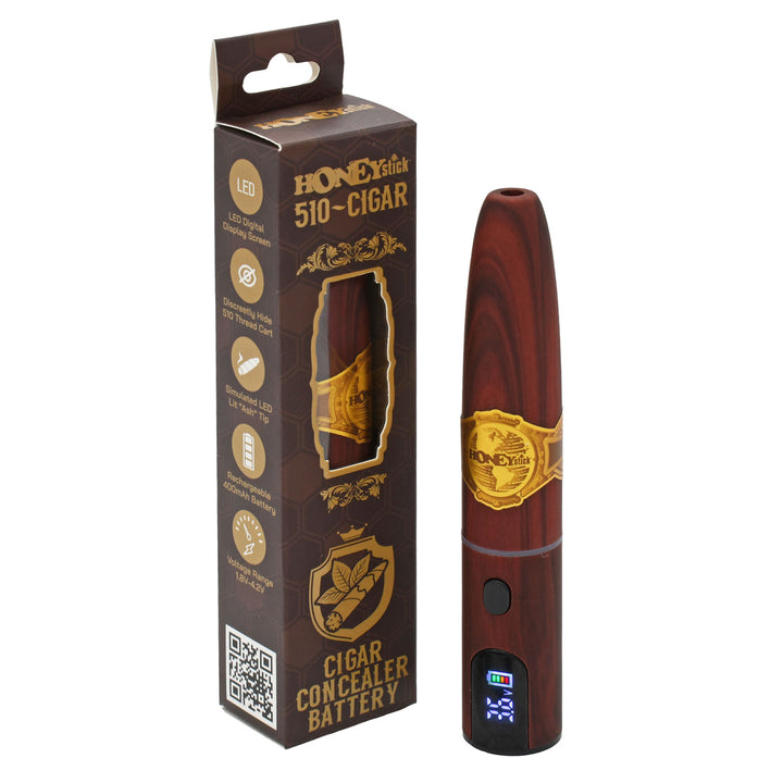 Cigar vape battery with digital display and 'HoneyStick' packaging on a white background