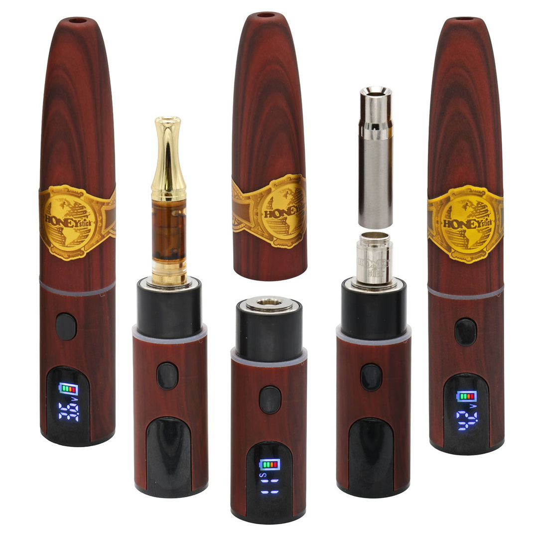 Set ecigar vape batteries with HoneyStick band branding, shown with 510 cartridge and 510 dab atomizer, on a white background