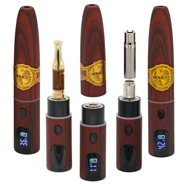 Set ecigar vape batteries with HoneyStick band branding, shown with 510 cartridge and 510 dab atomizer, on a white background
