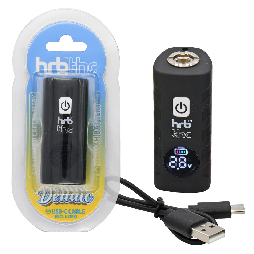 Black Thc Deltaic 510 Thread Cartridge Battery with digital display and USB cable, next to its packaging labeled 'hrb thc'.