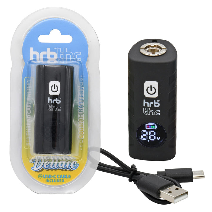 Black Thc Deltaic 510 Thread Cartridge Battery with digital display and USB cable, next to its packaging labeled 'hrb thc'.