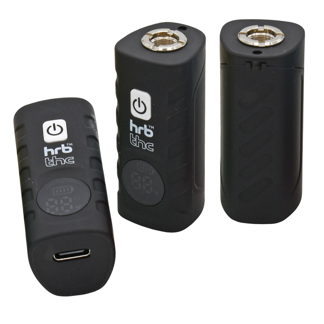 Three views of black Thc Deltaic 510 Battery with 'hrb' branding on a white background