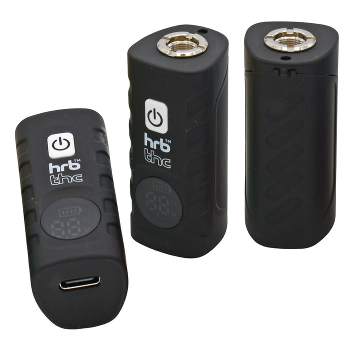 Three views of black Thc Deltaic 510 Battery with 'hrb' branding on a white background