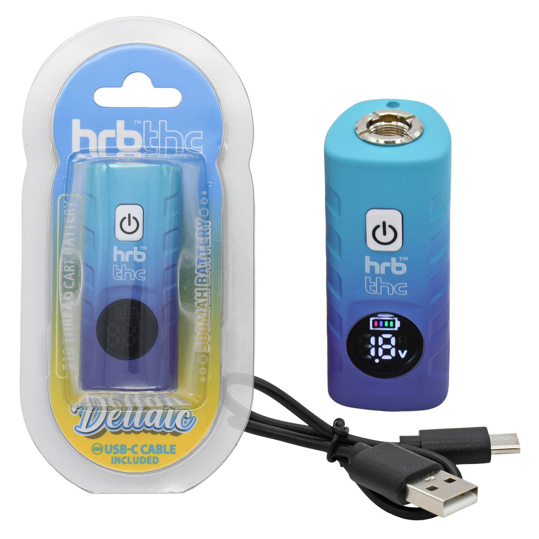 Blue Thc Deltaic 510 Thread Cartridge Battery with digital display and USB cable, next to its packaging labeled 'hrb thc'.