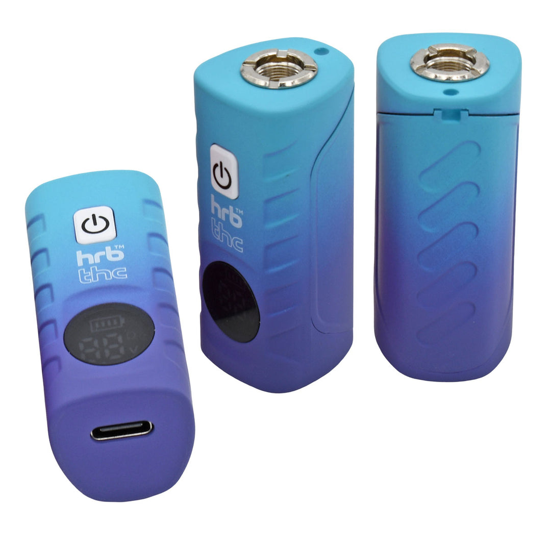 Three views of blue and purple Thc Deltaic 510 Thread Cartridge Battery with visible branding on a white background
